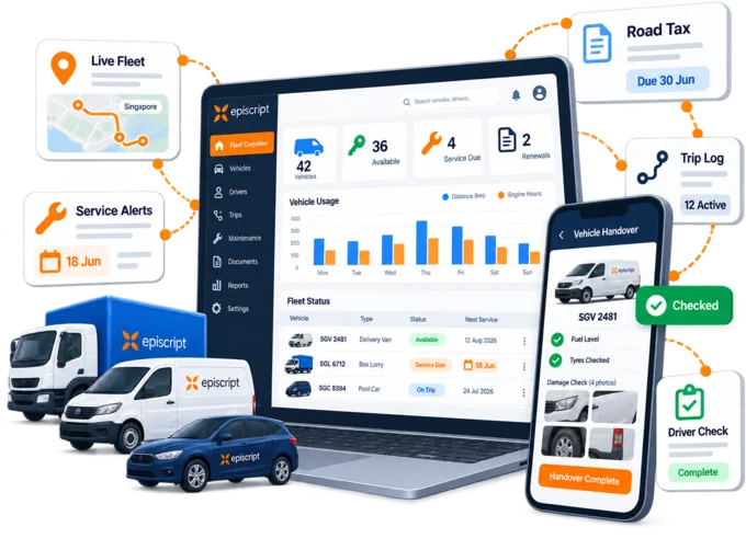 Fleet dashboard of company vans, lorries and pool cars with service due dates and renewals, beside a phone showing a vehicle handover check