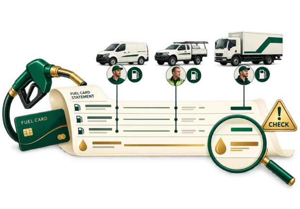 Fuel card statement matched line by line to company vehicles and drivers, with one oversized fill-up flagged for checking