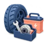 Vehicle tyre standing beside a car battery and a box of spare parts