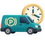 Parked van beside a large clock counting its time off the road