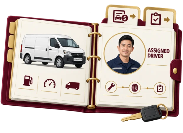 Vehicle record showing a van's registration details, assigned driver, upcoming renewal dates and service history