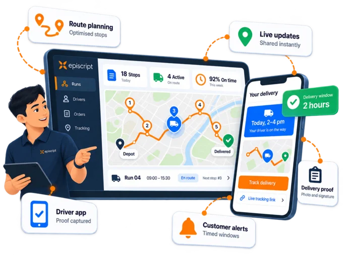 Delivery run with numbered stops on a map, beside a customer's phone showing a two-hour delivery window and a tracking link