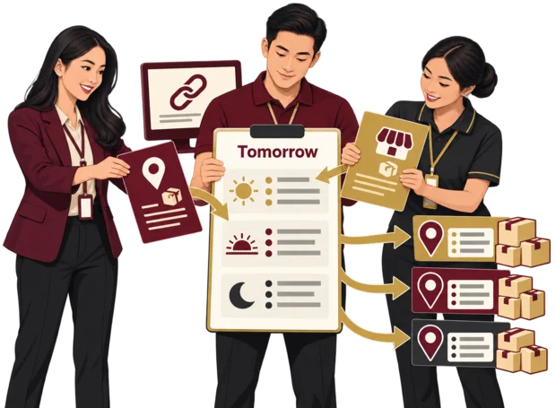 Delivery orders from the sales desk, the ERP and an online store merged into one list for tomorrow, grouped by area and delivery slot