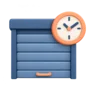 Clock face beside a roller shutter loading bay door