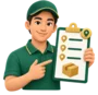 Head and shoulders of a delivery driver beside a clipboard listing stops