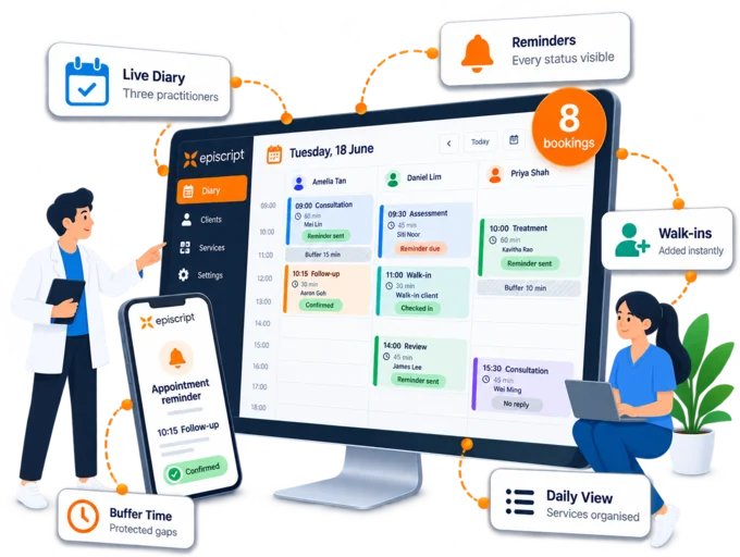 Appointment diary for one day, with each practitioner's booked services, buffer times, a walk-in and the reminder status of every appointment