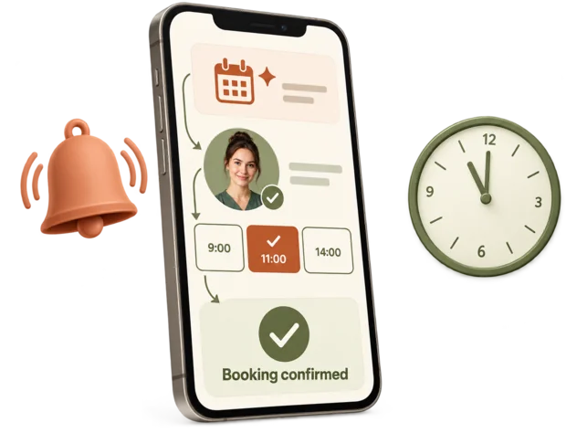 Customer choosing a service, a practitioner and a free time on a phone booking page, followed by the confirmation message