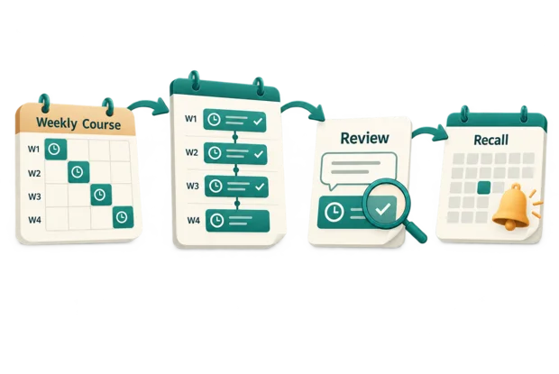 Course of weekly appointments laid out on a calendar, with a follow-up review and a recall reminder set after the final session