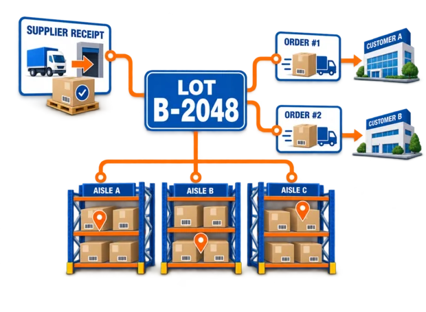 Batch trace on screen following one lot from its supplier receipt through warehouse bins to the orders and customers that received it