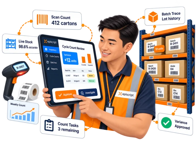 Warehouse supervisor approving a cycle count variance on a tablet beside racking stacked with batch-labelled cartons