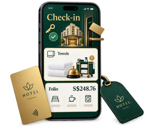 Hotel guest app on a phone showing online check-in, a towel request to housekeeping and the current folio