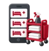 Phone listing the rooms to clean beside a housekeeping trolley stacked with folded towels