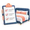 Room inspection checklist on a clipboard beside a made hotel bed