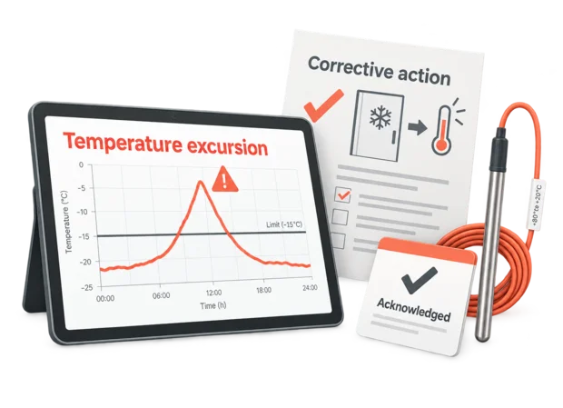 Excursion record on a tablet with a freezer's temperature curve rising above its limit, the alarm acknowledgement and the corrective action taken