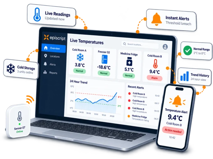 Live dashboard of cold rooms, freezers and medicine fridges with their current temperatures, one unit flagged in alarm, beside a phone showing the alert
