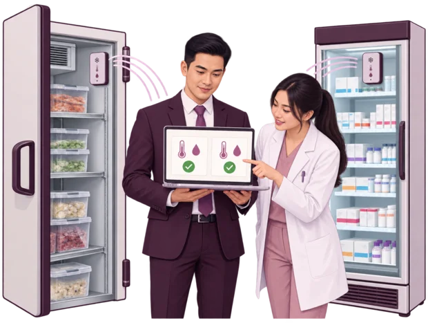 Wireless temperature and humidity sensors in a cold room and a pharmacy fridge sending readings to a monitoring dashboard on a laptop