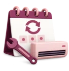 Calendar with recurring service dates beside an air-conditioning unit and a wrench