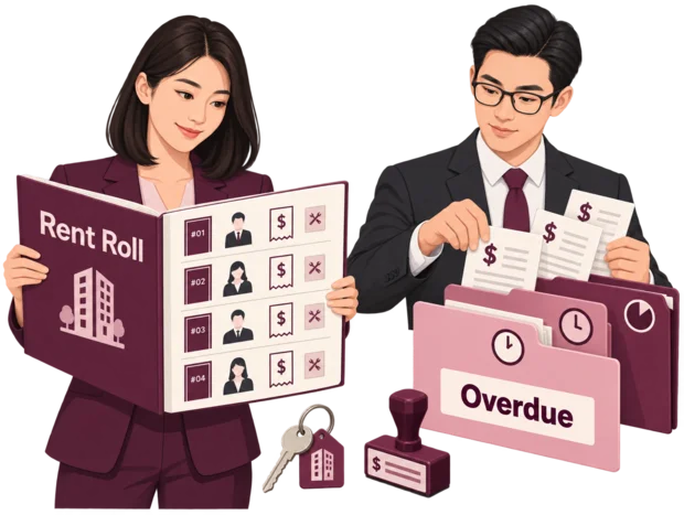 Monthly rent roll listing units, tenants, rent and service charges billed, with overdue invoices grouped by age