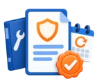 Warranty certificate with a seal beside a service contract and a renewal date