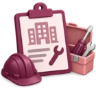 Work order clipboard beside a contractor's toolbox and a hard hat