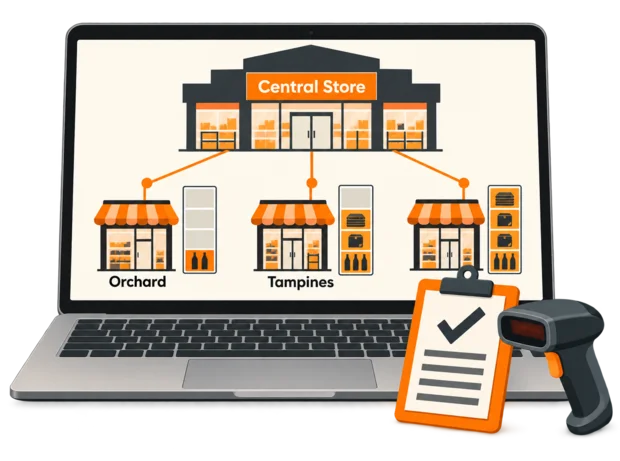 Head office manager comparing stock levels across several shop outlets and the central store on a laptop