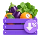 Crate of fresh produce carrying a markdown sticker for stock close to expiry