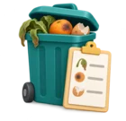 Kitchen waste bin beside a clipboard listing spoiled items and their reasons