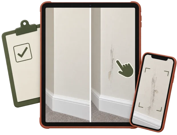 Inspector photographing a wall mark during a move-out inspection, with the move-in photo of the same wall shown beside it on a tablet