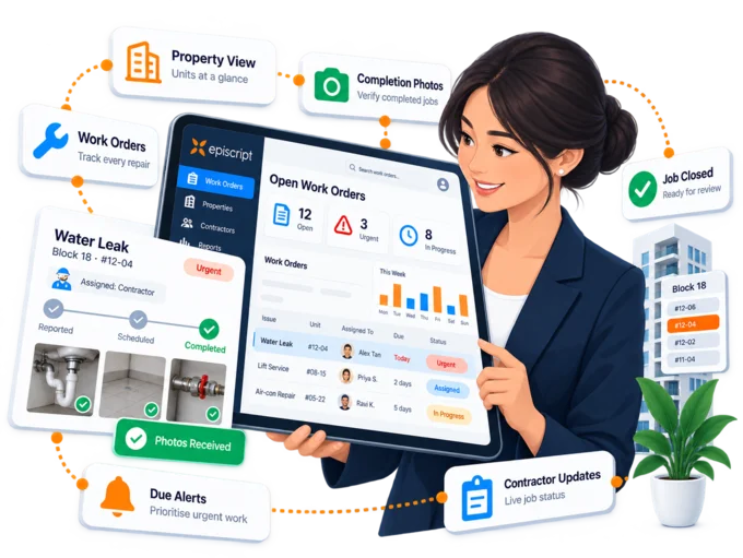 Property manager reviewing open maintenance work orders on a tablet in a building lobby, one job showing a contractor's completion photos