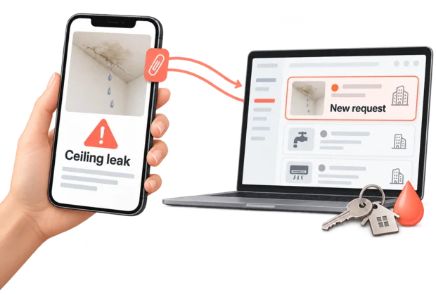 Tenant reporting a ceiling leak on a phone with a photo attached, and the ticket arriving in the property manager's request queue