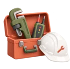 Open toolbox holding a pipe wrench and a cable tester beside a hard hat
