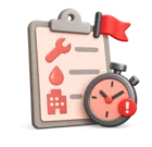 Work order clipboard with a red priority flag and a stopwatch beside it