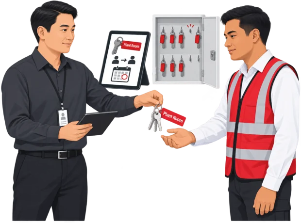 Building manager handing a labelled key set to a contractor at the management office counter, with the key register on a tablet recording the issue and its return date