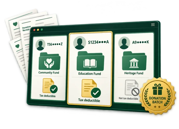 Donation batch listing each gift with the donor's masked NRIC, the fund it supports and whether it qualifies for a tax deduction
