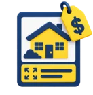 Property listing card with a house photo, a price tag and a floor area label
