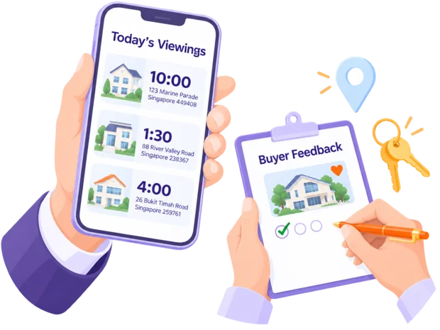 Agent's phone showing the day's property viewings with times and addresses beside a buyer feedback form