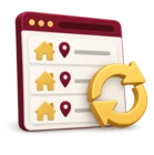 Browser window showing property listings beside a circular sync arrow