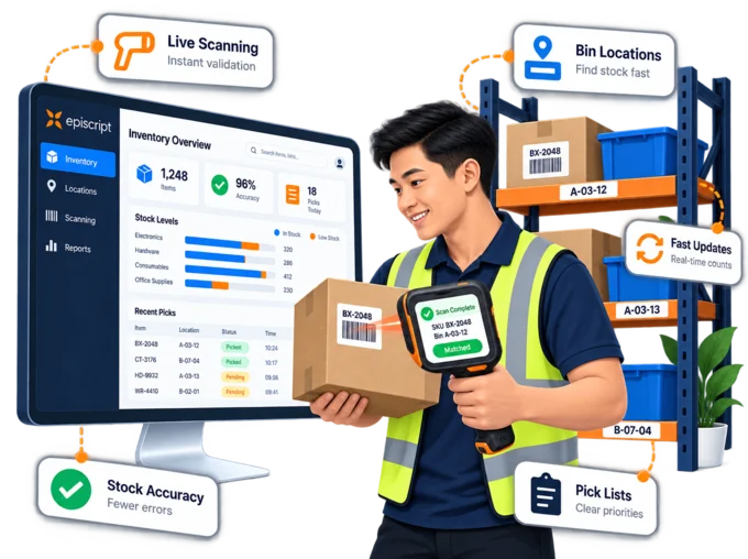 Warehouse picker scanning a carton barcode with a rugged handheld scanner beside racking with labelled bin locations
