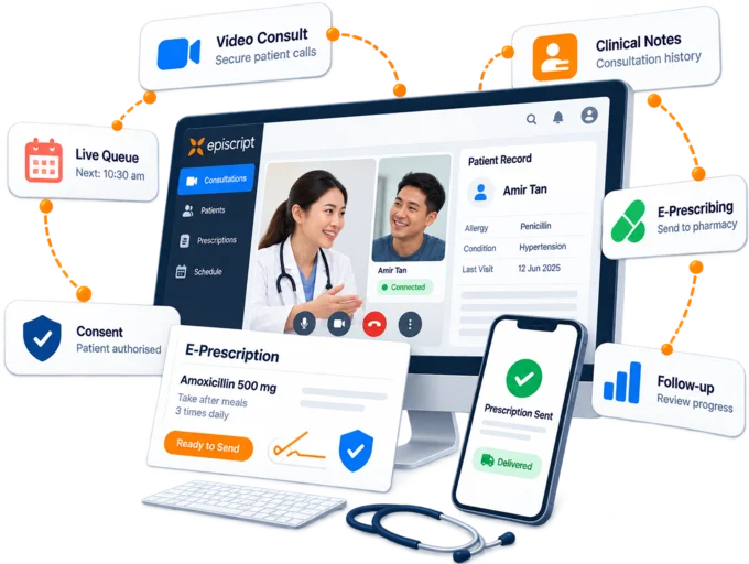 Doctor at a clinic desk in a video consultation, with the patient's medical record and an e-prescription open beside the call