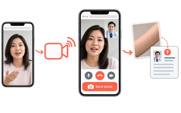 Patient on a phone browser in a video consultation with the clinic doctor, with a button for sending a photo during the call