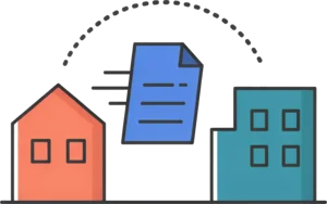 Icon of an electronic invoice travelling between two businesses on a network