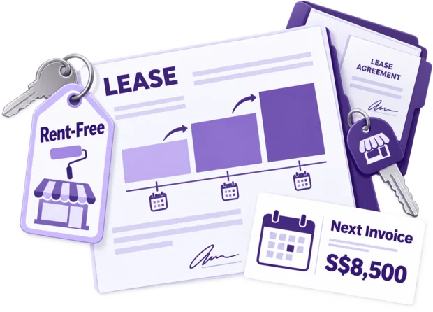 Lease record showing a rent schedule with step increases, a rent-free fit-out period and the next invoice due for a retail tenant