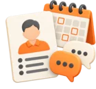 Volunteer profile card beside speech bubbles and a calendar with free days marked