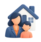 Head and shoulders of an adult and a child in front of a simple house outline