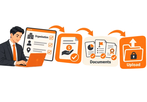 Applicant completing an online grant application on a laptop, with organisation details already filled in and supporting documents listed for upload