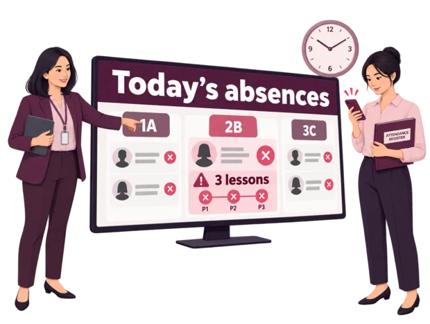 School office attendance dashboard listing today's absences by class, with a flag on a student absent three lessons in a row