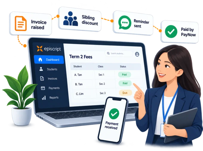 School fee screen in the Episcript student fee management system, with term invoices, a sibling discount and payments marked paid