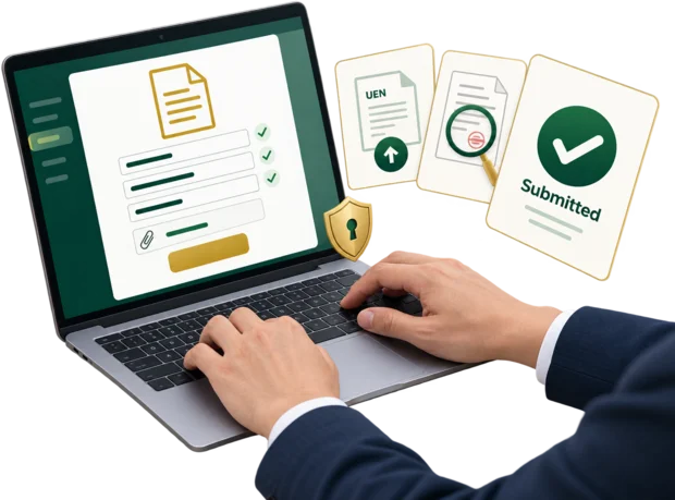Business owner applying for a licence on a laptop, with illustrated form, upload and status cards beside the screen