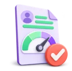 Credit report with a gauge and an approval stamp, standing for credit assessment and approval levels