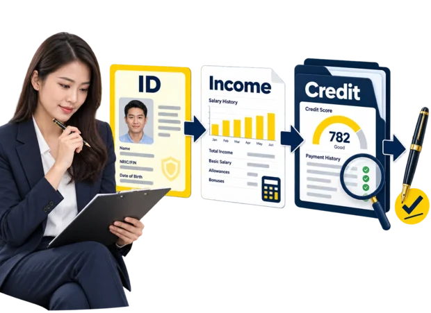 Loan officer checking a borrower's application, with an ID card, income documents and a credit report laid out as illustrated cards